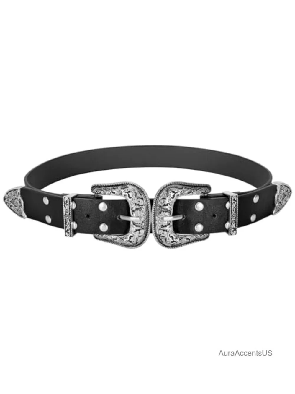 Vintage Double Buckle Faux Leather Belt for Women Cowgirl Style Denim Dress
